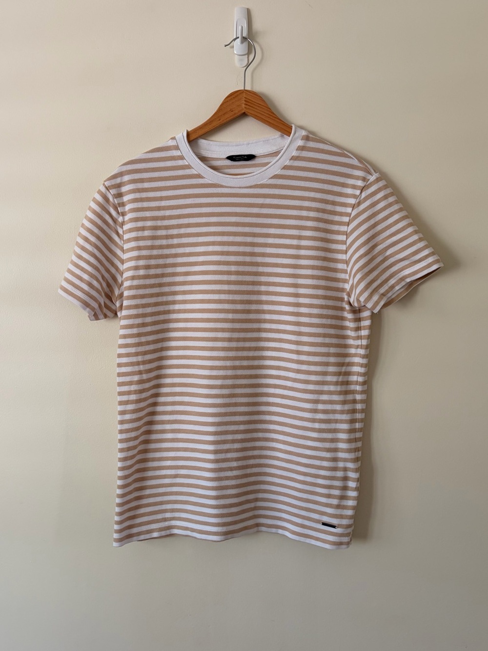Massimo Dutti Beige and White Striped Short-Sleeve Tee